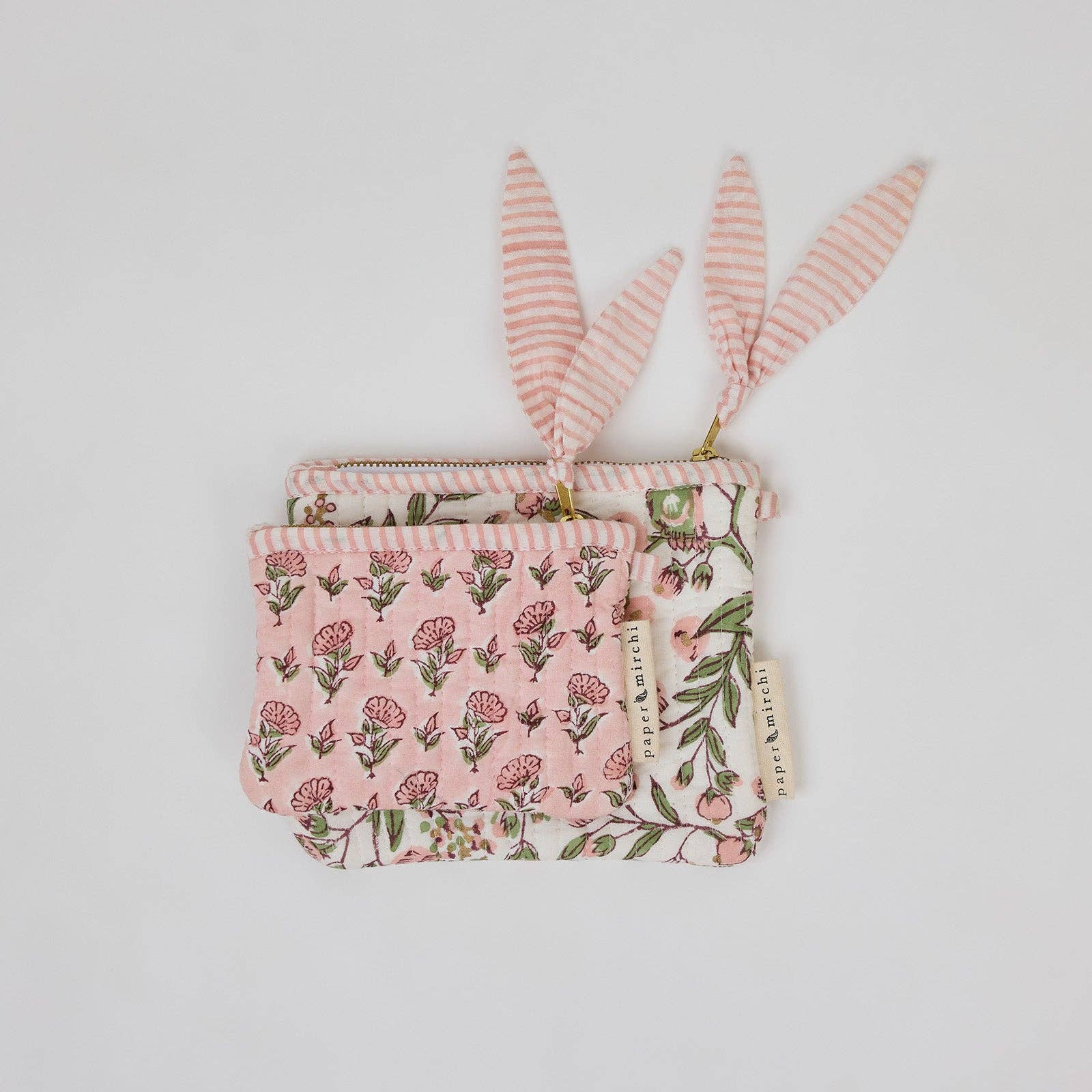 Paper Mirchi Floral Blush organic cotton zipped pouch duo with handcrafted quilted block print design.
