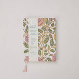 Paper Mirchi hand block printed A5 ruled notebook with artisan patterned cover and cotton tassel marker.
