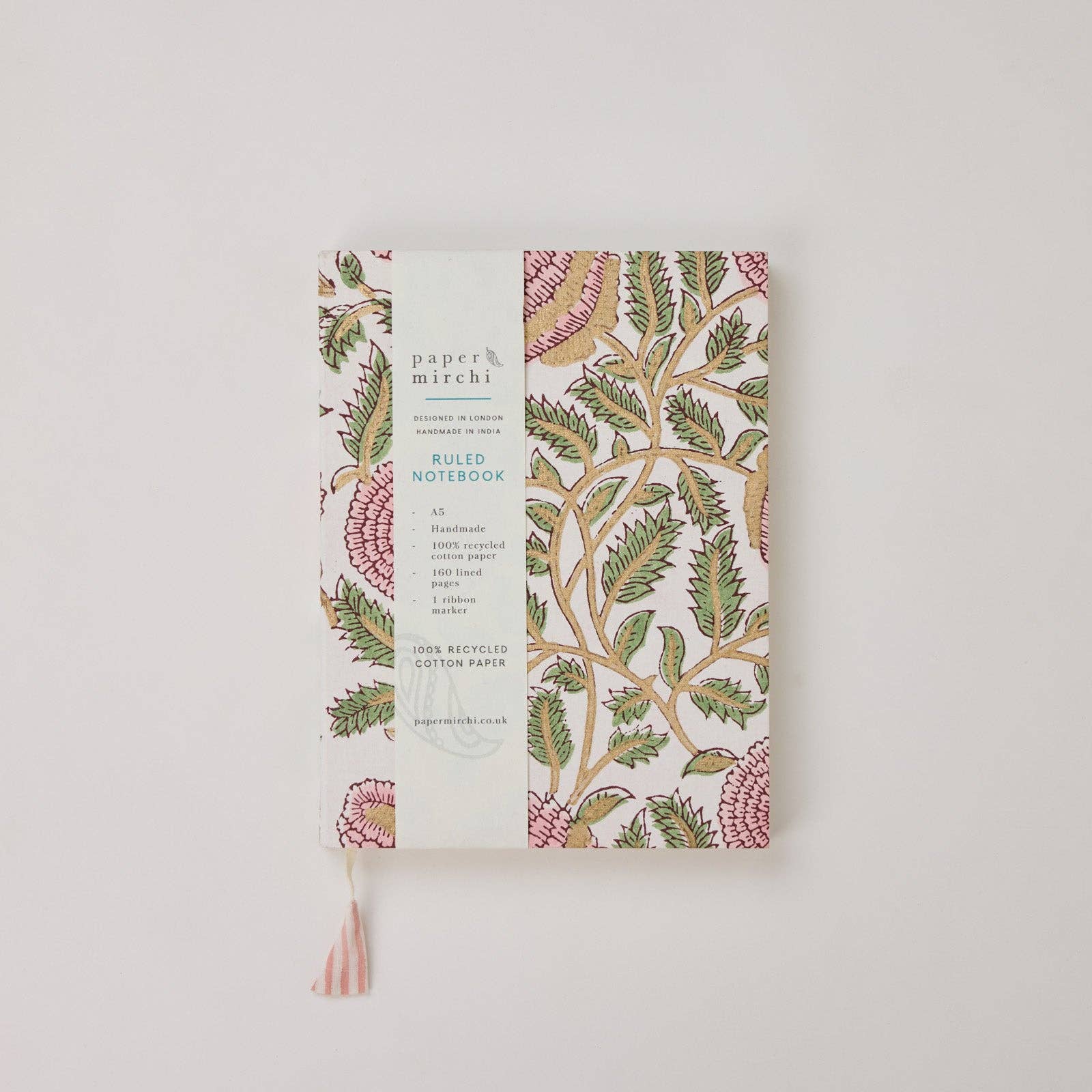 Paper Mirchi hand block printed A5 ruled notebook with artisan patterned cover and cotton tassel marker.
