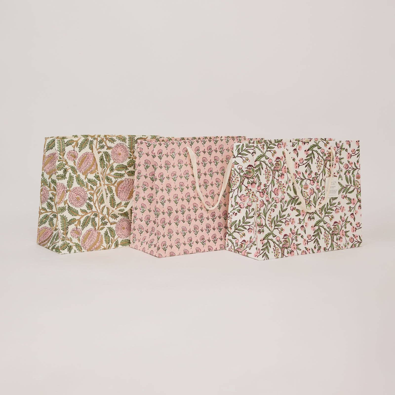 Paper Mirchi hand block printed gift bag made from recycled cotton paper with soft cotton rope handles.