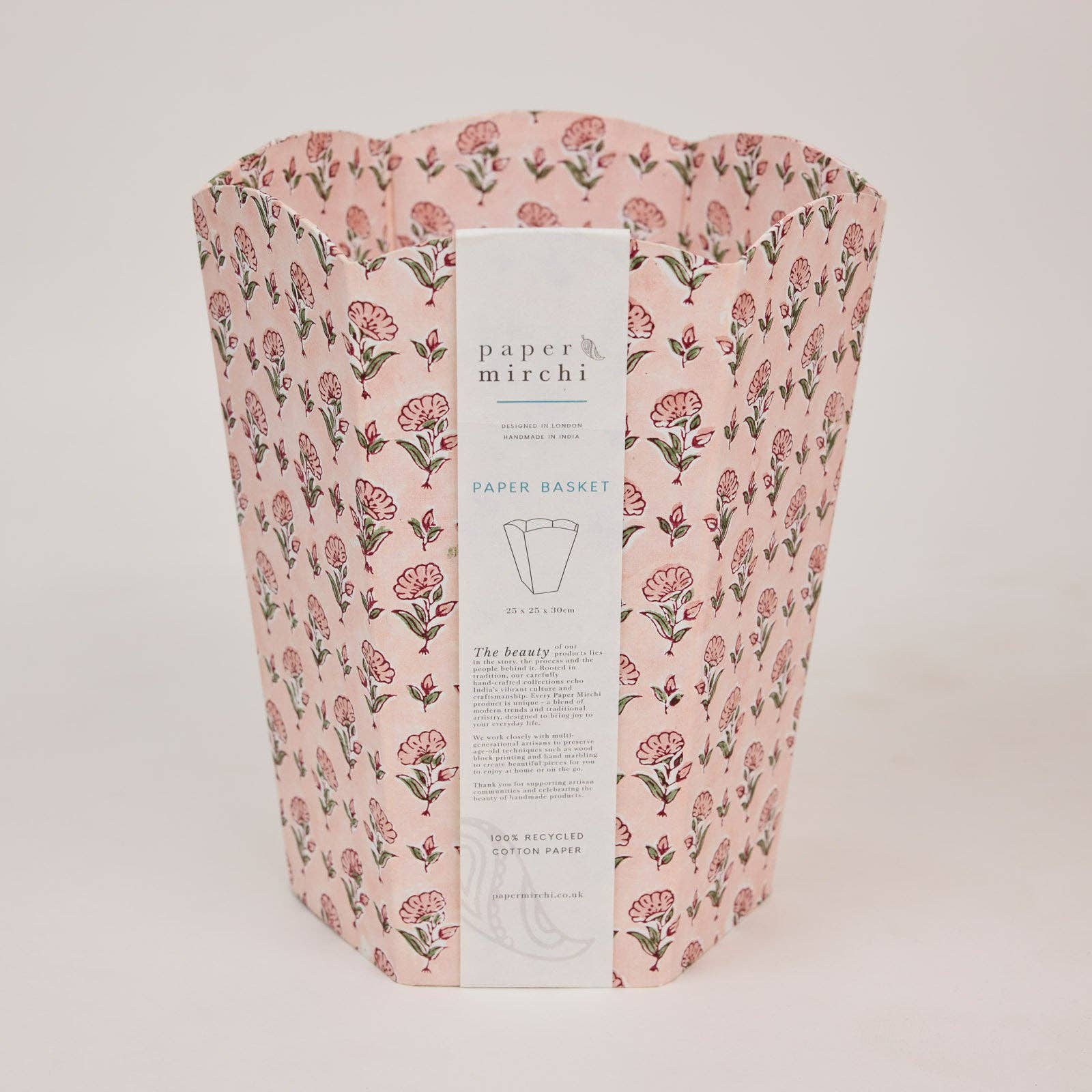 Paper Mirchi handcrafted waste paper basket made from recycled cotton rag paper with artisan block print design.