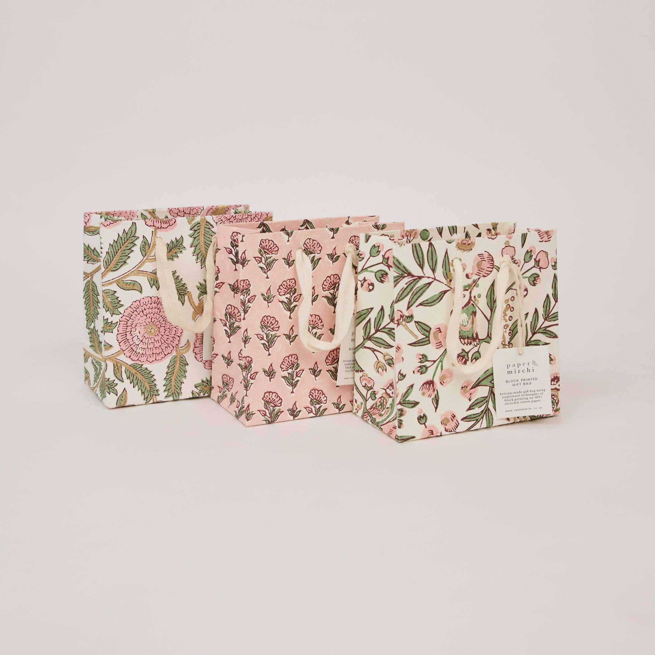 Paper Mirchi small blush block printed gift bag made from recycled cotton paper