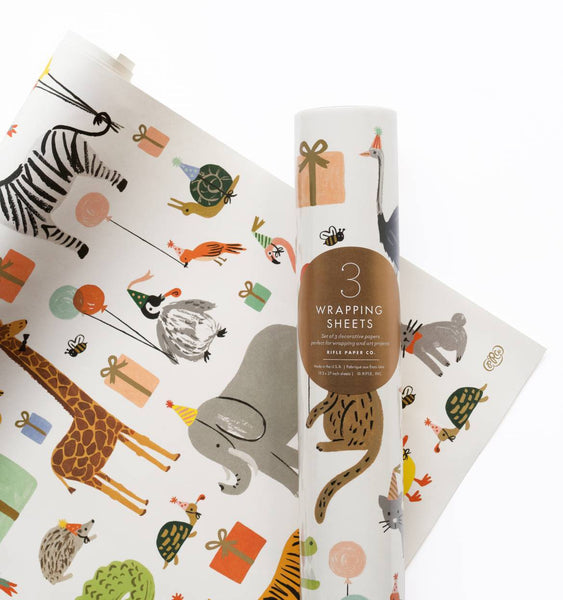 Shop Rifle Paper Co. Party Animals Birthday Wrapping Paper. Three 500 × 700mm illustrated gift wrap sheets, beautifully presented in plastic-free packaging.