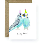 Party Animal Budgies birthday card featuring colourful hand-painted watercolour birds.