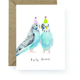 Party Animal Budgies birthday card featuring colourful hand-painted watercolour birds.