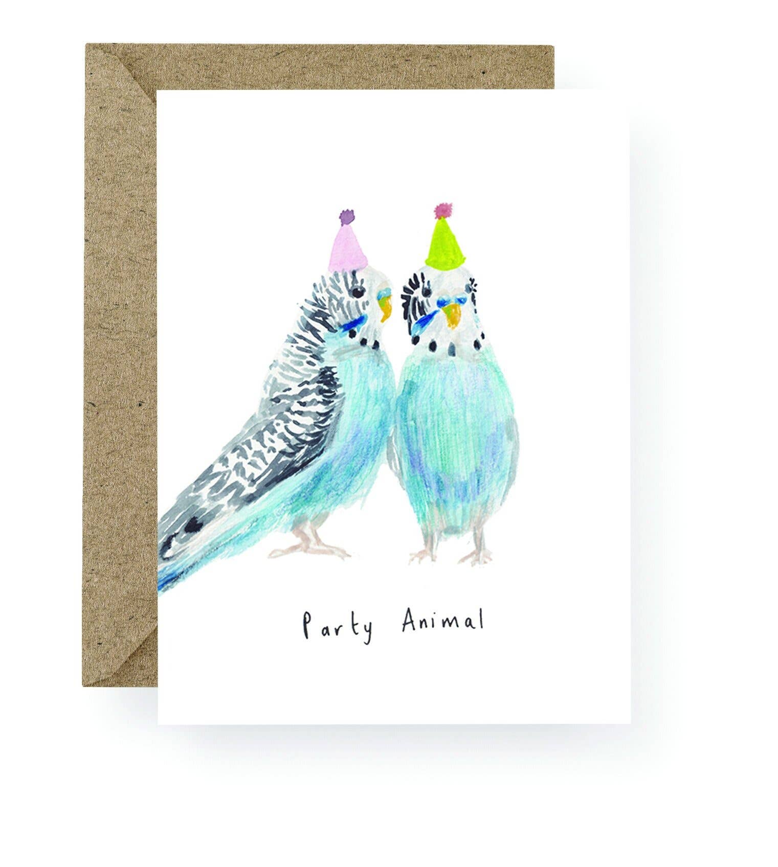 Party Animal Budgies birthday card featuring colourful hand-painted watercolour birds.
