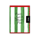 Peace Love & Mince Pies funny Christmas greeting card featuring a stylish striped design, premium textured card stock and crimson envelope.