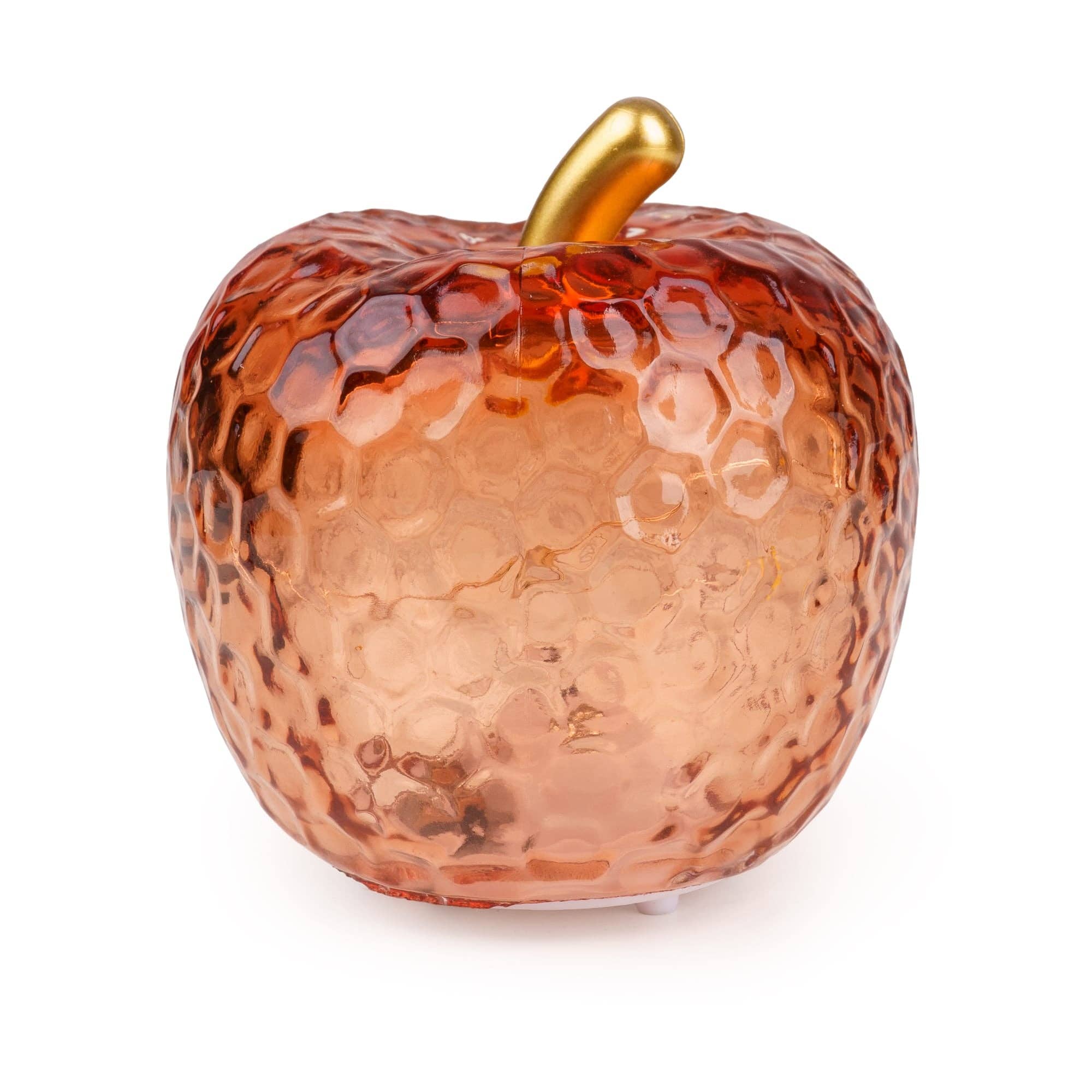 Pink apple-shaped LED light in textured translucent glass with gold-toned stem
