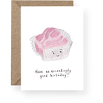 Pink French Fancy birthday card with hand-painted watercolour cake illustration.