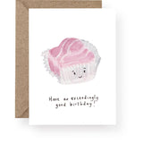 Pink French Fancy birthday card with hand-painted watercolour cake illustration.