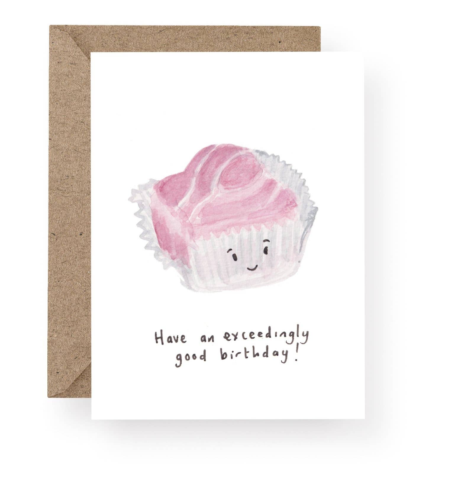 Pink French Fancy birthday card with hand-painted watercolour cake illustration.