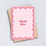 Cute pink gingham thank you card with scalloped edges, printed on luxury 350gsm card. Blank inside. Perfect for weddings, baby showers and small business thank you notes.