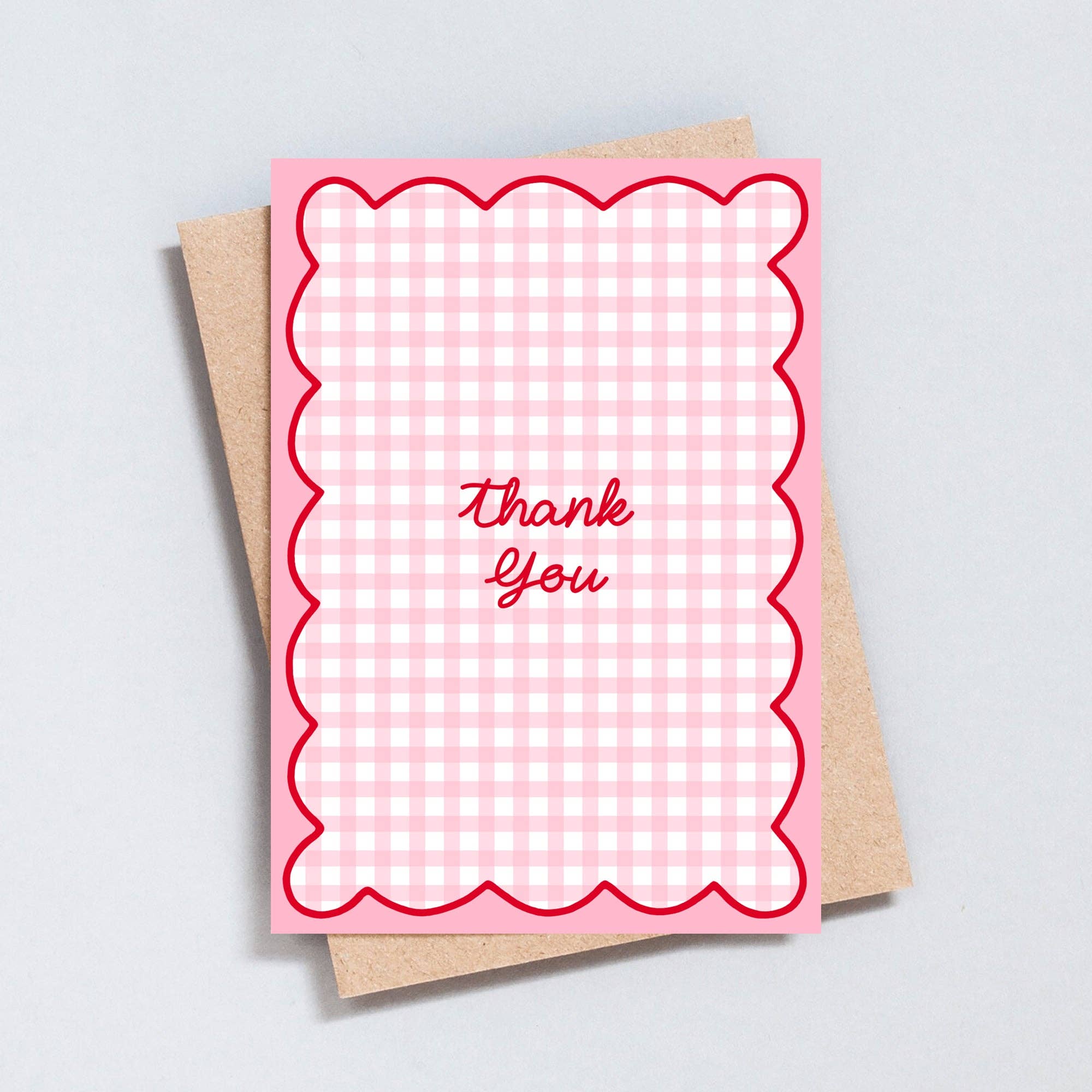 Cute pink gingham thank you card with scalloped edges, printed on luxury 350gsm card. Blank inside. Perfect for weddings, baby showers and small business thank you notes.