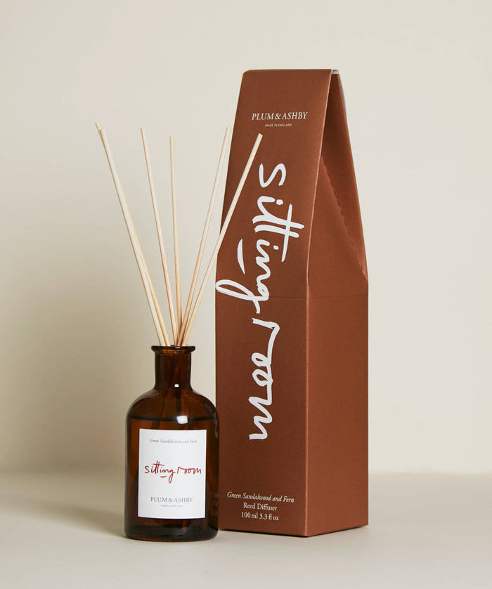 Plum & Ashby Sitting Room reed diffuser with Green Sandalwood & Fern fragrance, luxury home scent with sandalwood, vetiver and fresh green notes.