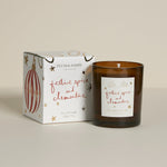 lum & Ashby Festive Spice & Clementine Christmas scented candle with illustrated festive gift packaging featuring reusable Christmas bauble decorations.