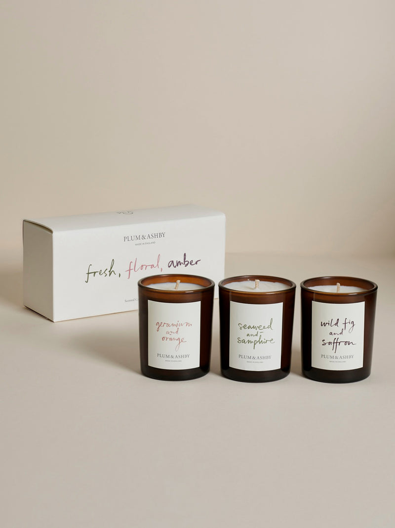 Plum & Ashby Fresh floral candle votives - geranium and orange, seaweed and samphire, wild fig and saffron