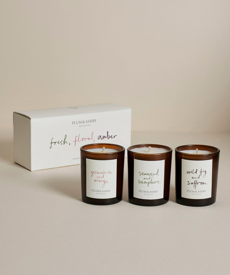 Plum & Ashby Fresh floral candle votives - geranium and orange, seaweed and samphire, wild fig and saffron