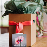 A kraft presentation box with moss green tissue paper and a coral satin ribbon, branded with a 'Mad Lilies' card in front.