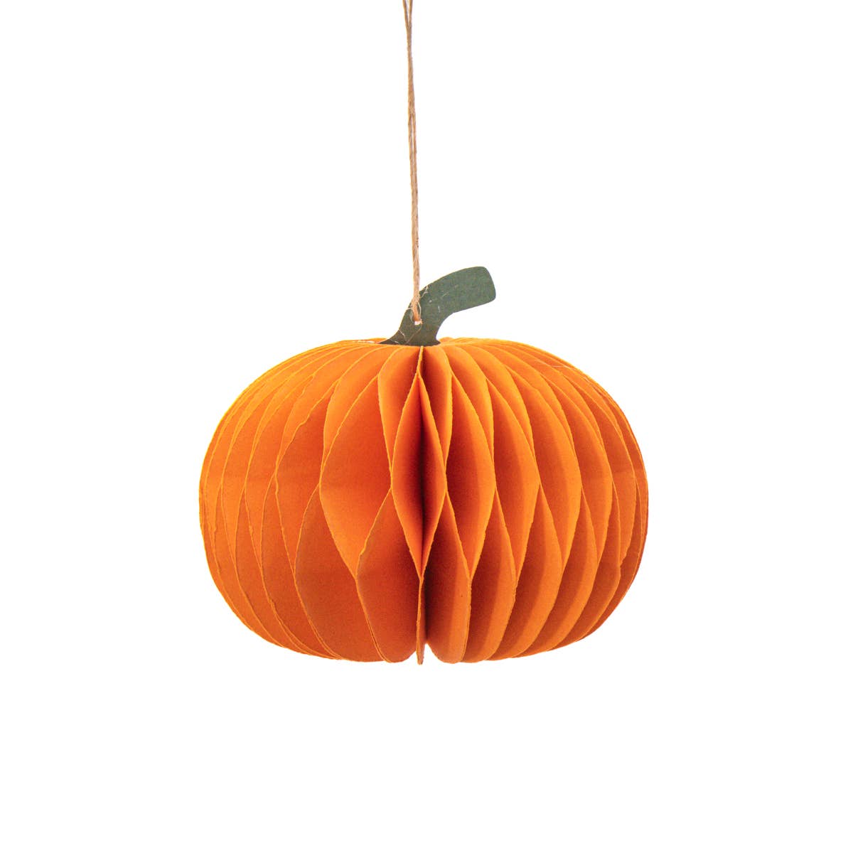Pumpkin-shaped honeycomb paper hanging decoration with a layered design for Halloween and autumn home styling.