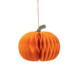 Pumpkin-shaped honeycomb paper hanging decoration with a layered design for Halloween and autumn home styling.