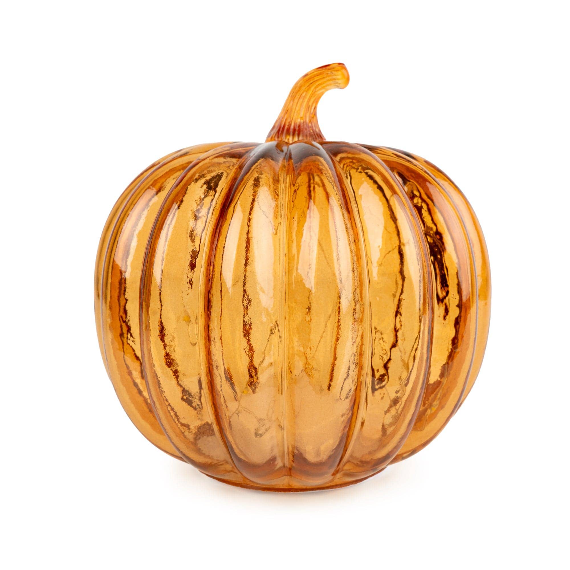 Pumpkin-shaped orange glass LED table lamp creating a warm ambient glow for autumn, harvest and Halloween home décor.
