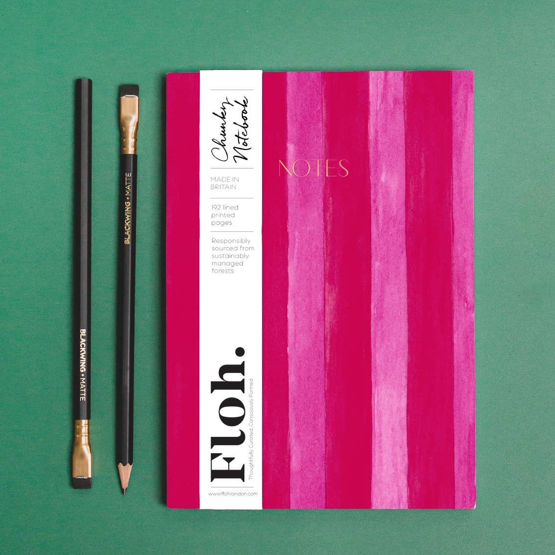 Raspberry and cherry stripes A5 chunky notebook with hot-foil detailing, 192 ruled pages and sustainably sourced paper, made in Britain.