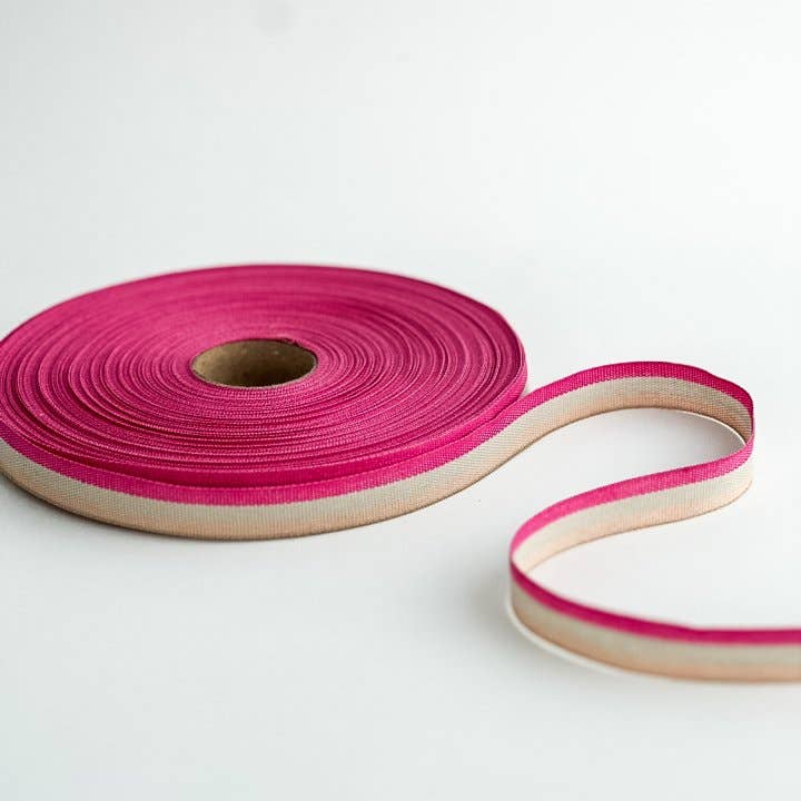 Raspberry tricolour cotton ribbon with a woven three-colour design, 15mm wide, for bouquet wrapping, gift bows and creative styling.