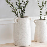 Ravello white ceramic vase with rustic crackle glaze and chunky side handles, available in small 25cm and large 31cm sizes.