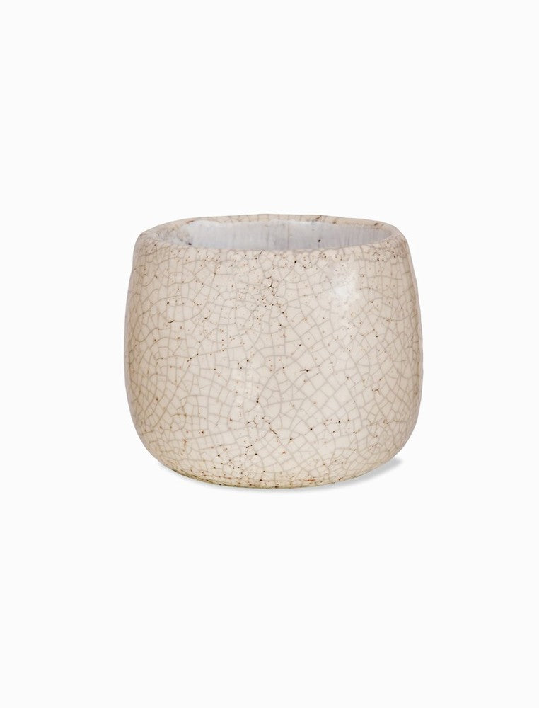 Ravello white stoneware indoor plant pot with a delicate crackle glaze and rounded shape, available in 15.5cm size