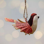 Red hand-painted hanging bird Christmas tree decoration with detailed feathers