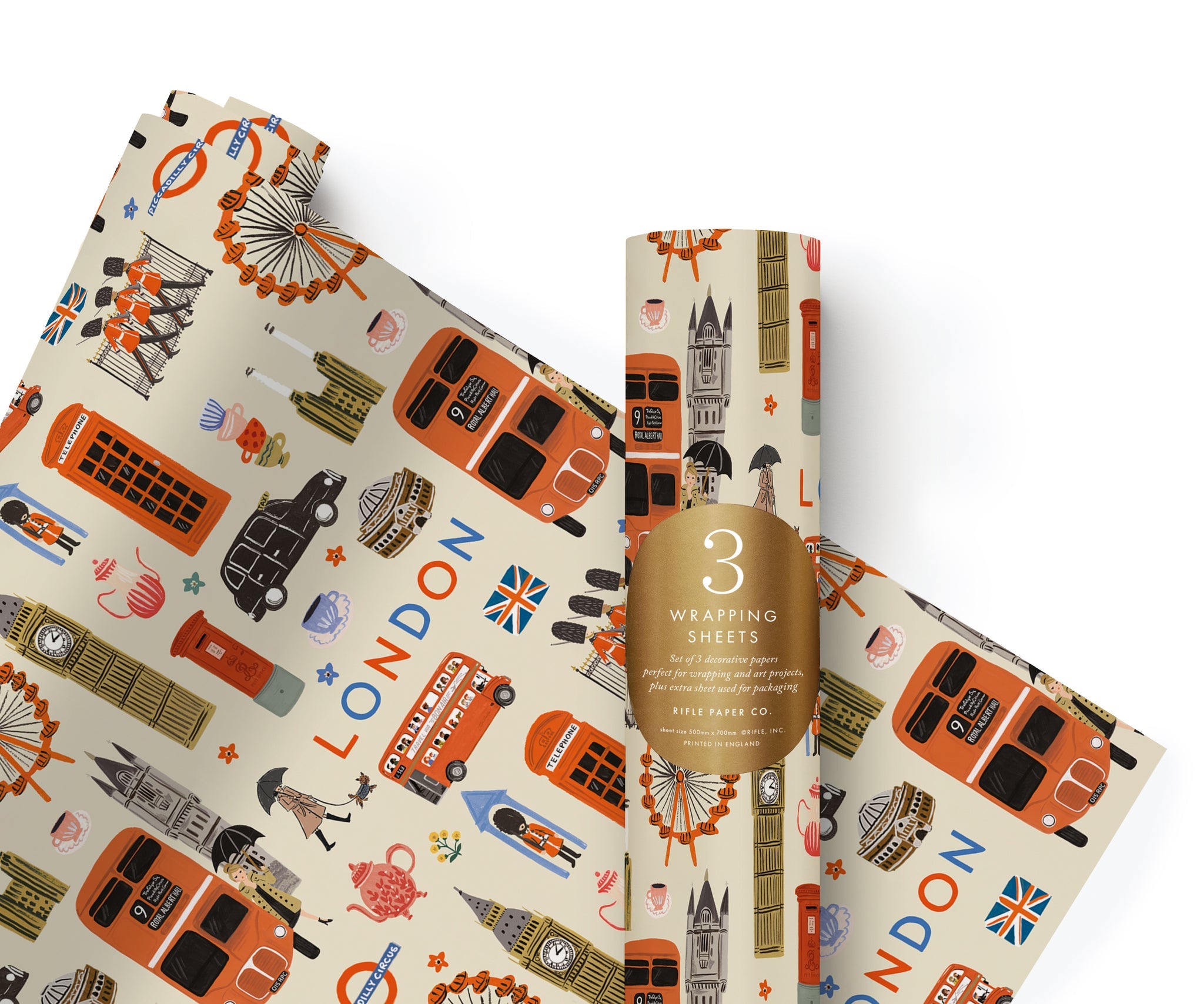 Rifle Paper Co. London gift wrapping paper featuring colourful illustrated London landmarks and British-inspired details.