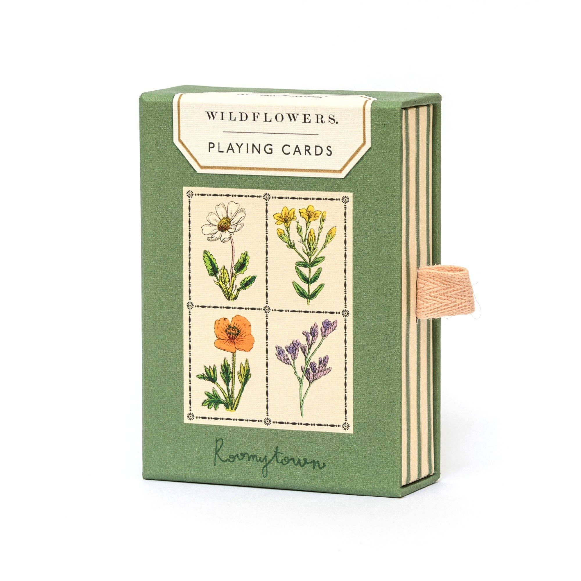 Roomytown Wildflowers Playing Cards featuring vintage botanical wildflower illustrations inspired by John E. Sowerby's 1902 botanical book in a luxury gift box.