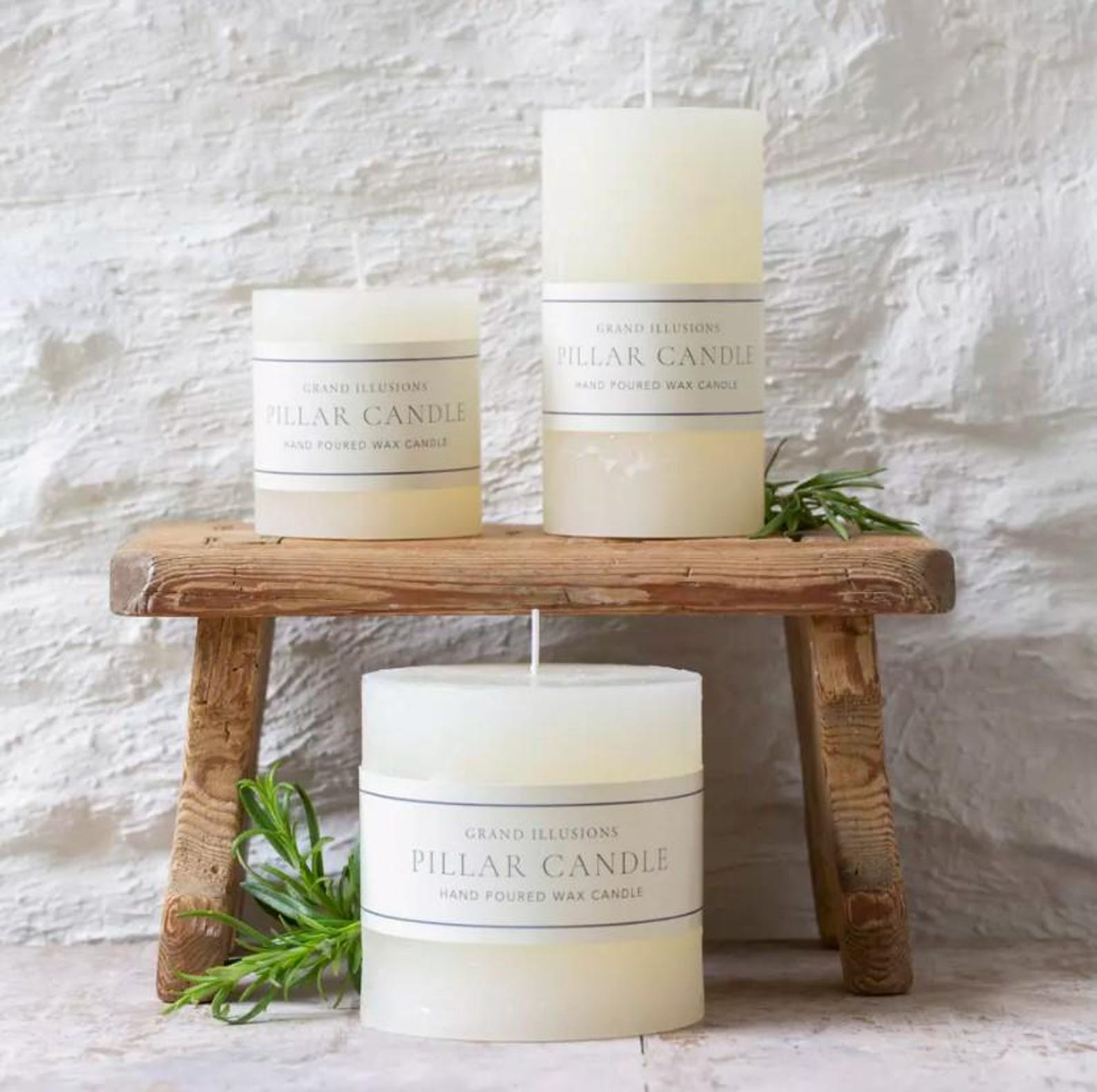 Classic white rustic pillar candle with a textured finish and warm even burn. Available in 3 sizes for tablescapes, cosy interiors and elegant home styling.