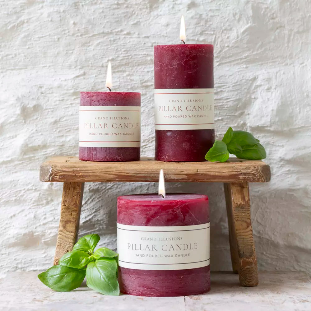 Deep plum rustic pillar candle with textured finish