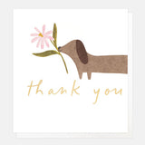 Thank You greetings card featuring a cute sausage dog holding a flower with gold foil and embossed detailing, supplied with a white envelope.