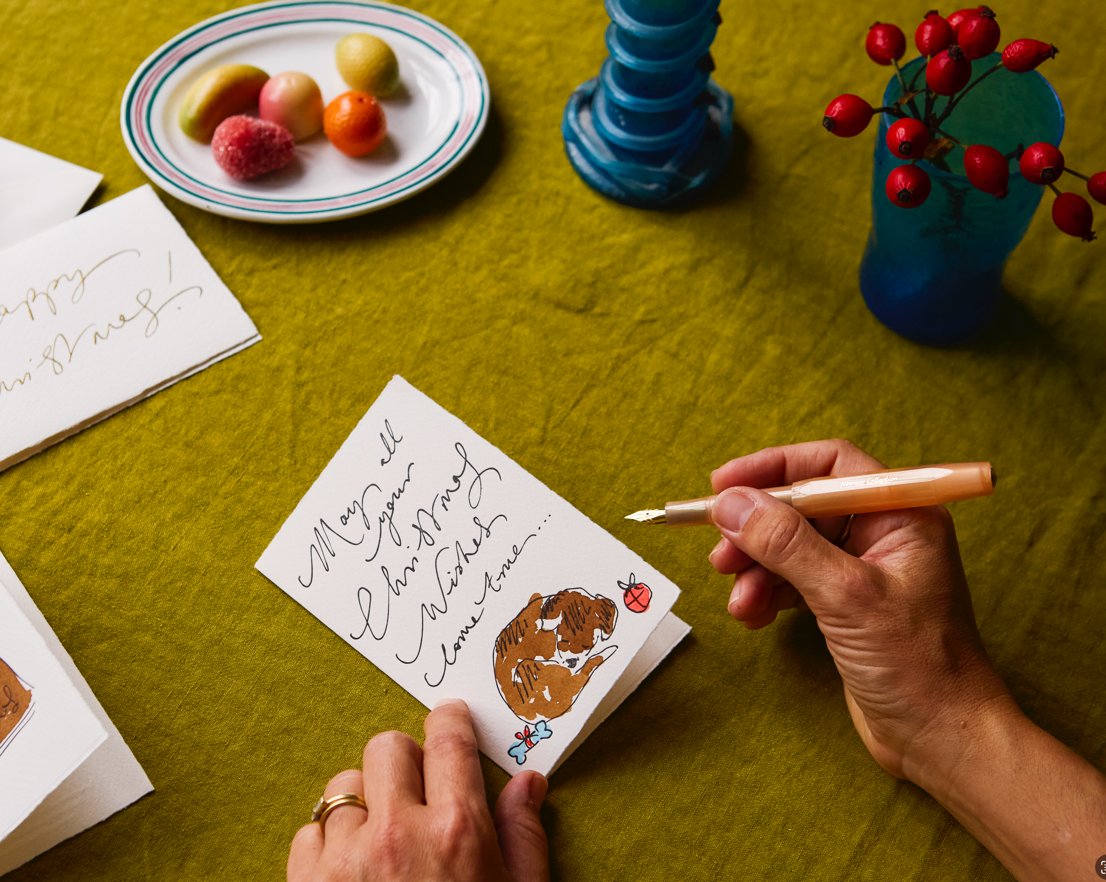 Shop the Scribble & Daub Christmas Wishes Dog card. A luxury letterpress Christmas card, individually hand-painted in East Sussex with deckled edges.