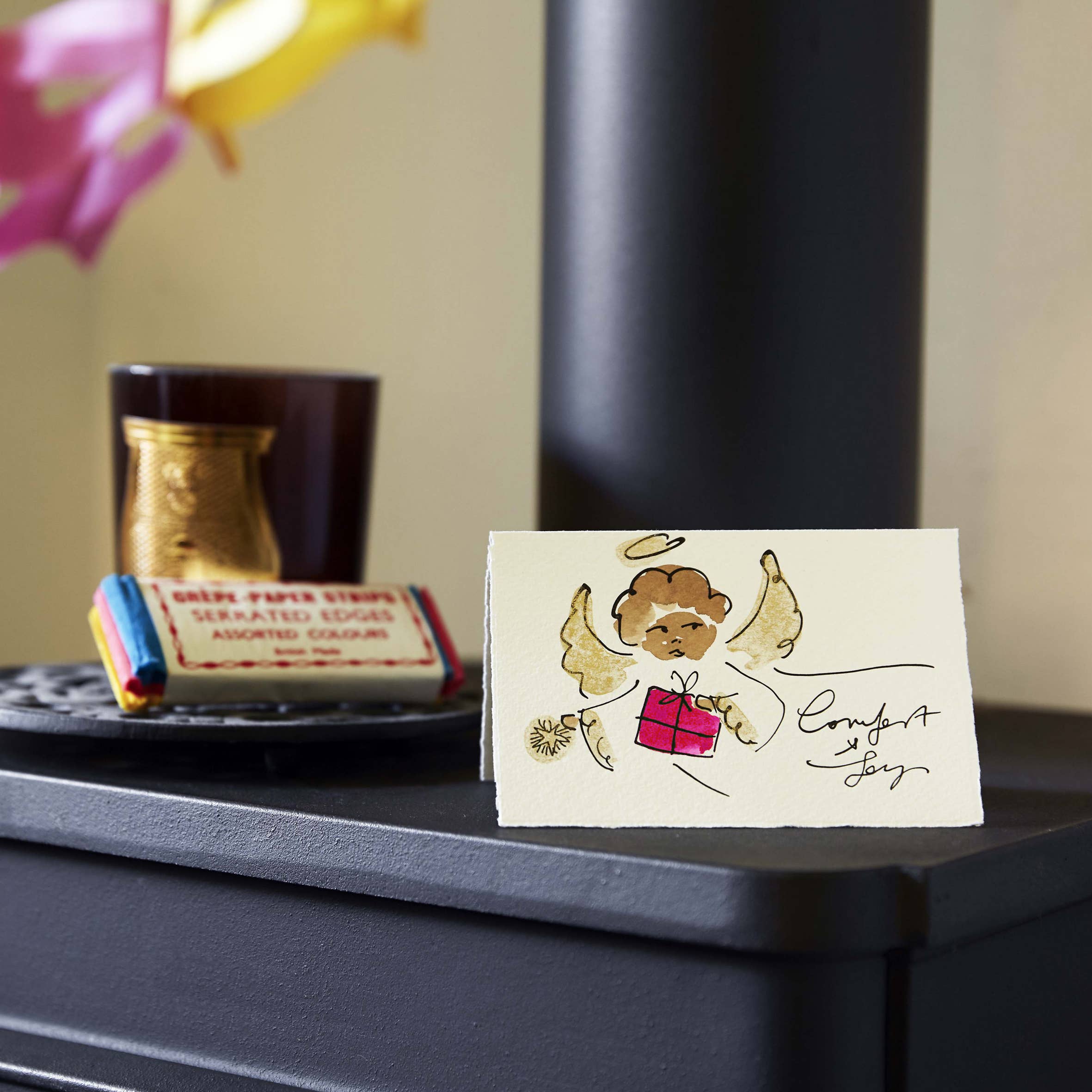 Shop the Scribble & Daub Comfort & Joy Angel Christmas card. Letterpress printed and individually hand-painted on luxury Italian deckle-edged card.