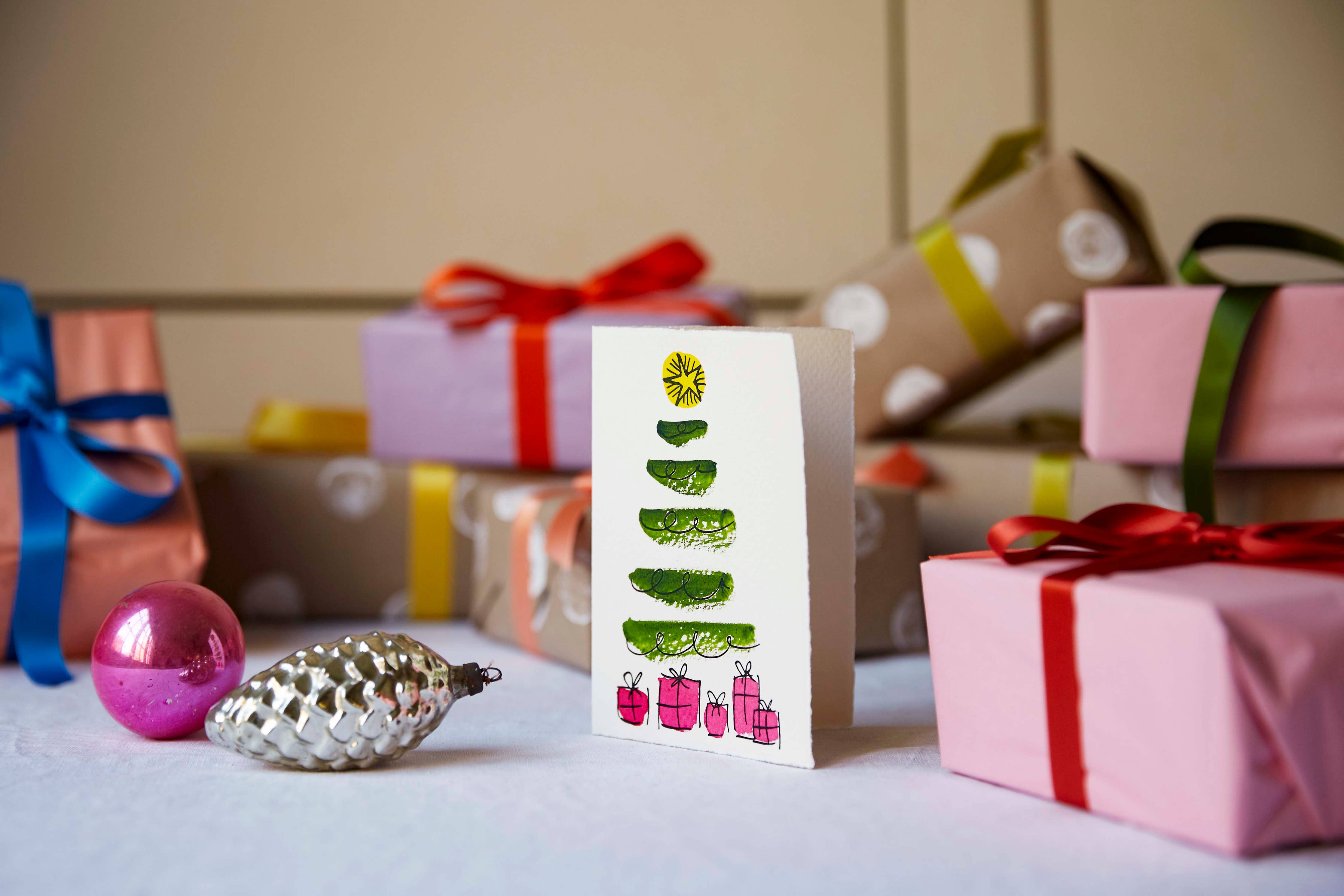 Scribble & Daub hand-painted Christmas Tree card. Letterpress printed with deckled edges and individually painted in East Sussex.