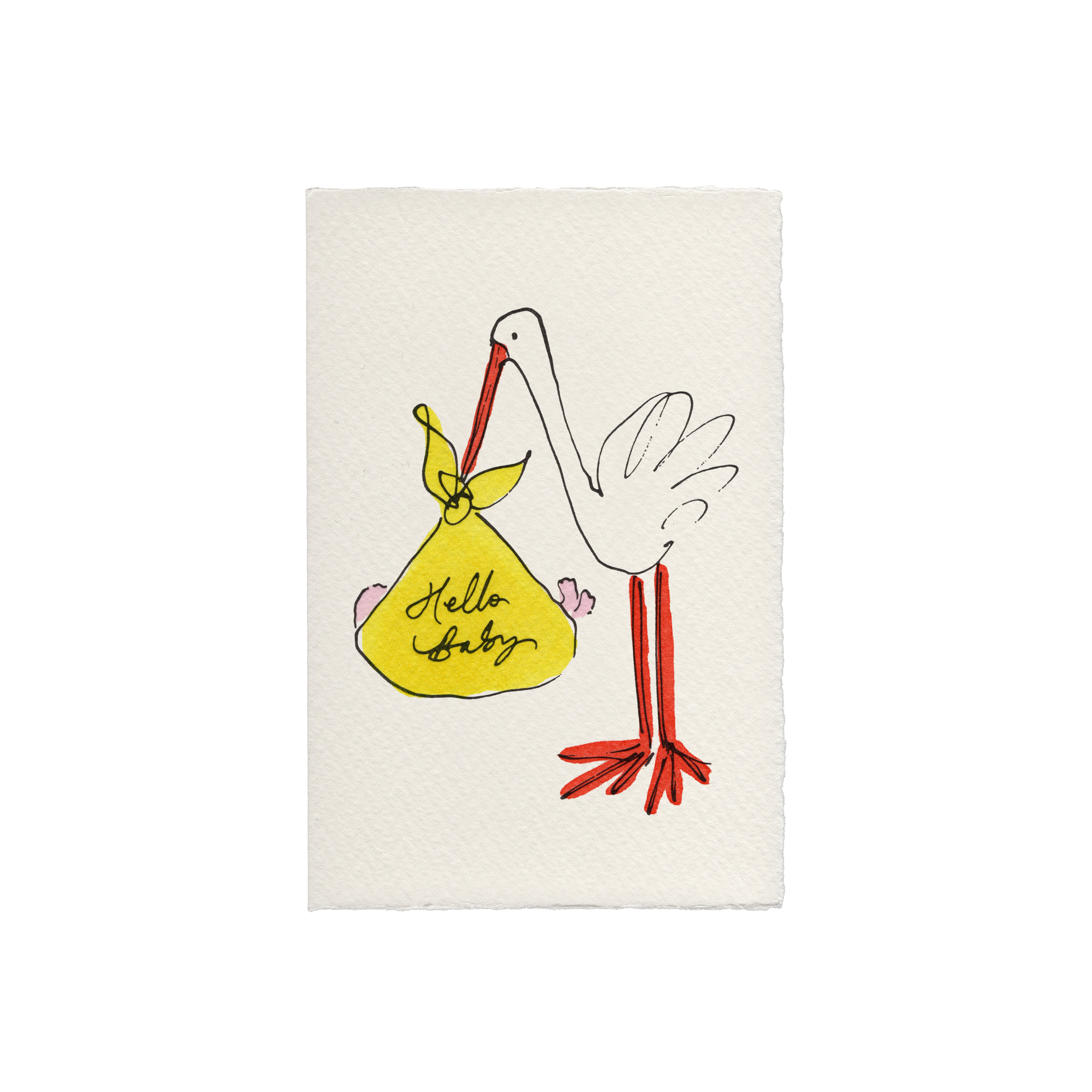 Hello Baby Stork Card, letterpress printed and individually hand-painted on luxury Italian deckle-edged paper. A beautiful new baby keepsake.
