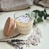 Serenity botanical mineral bath salts with lavender mint and essential oils in glass jar