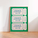 Funny shower karaoke ticket print for bathrooms and guest loos. Colourful modern typography wall art perfect for music lovers and quirky interiors.