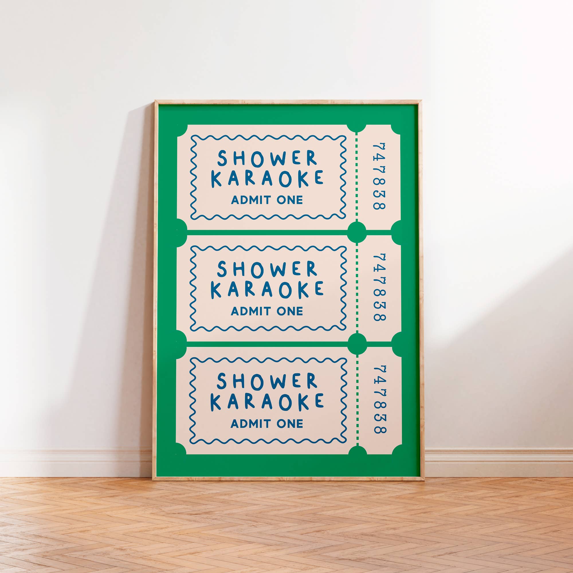 Funny shower karaoke ticket print for bathrooms and guest loos. Colourful modern typography wall art perfect for music lovers and quirky interiors.
