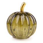 Small ribbed green glass pumpkin lamp with an integrated LED light and gold-toned stem for autumn and Halloween home décor.