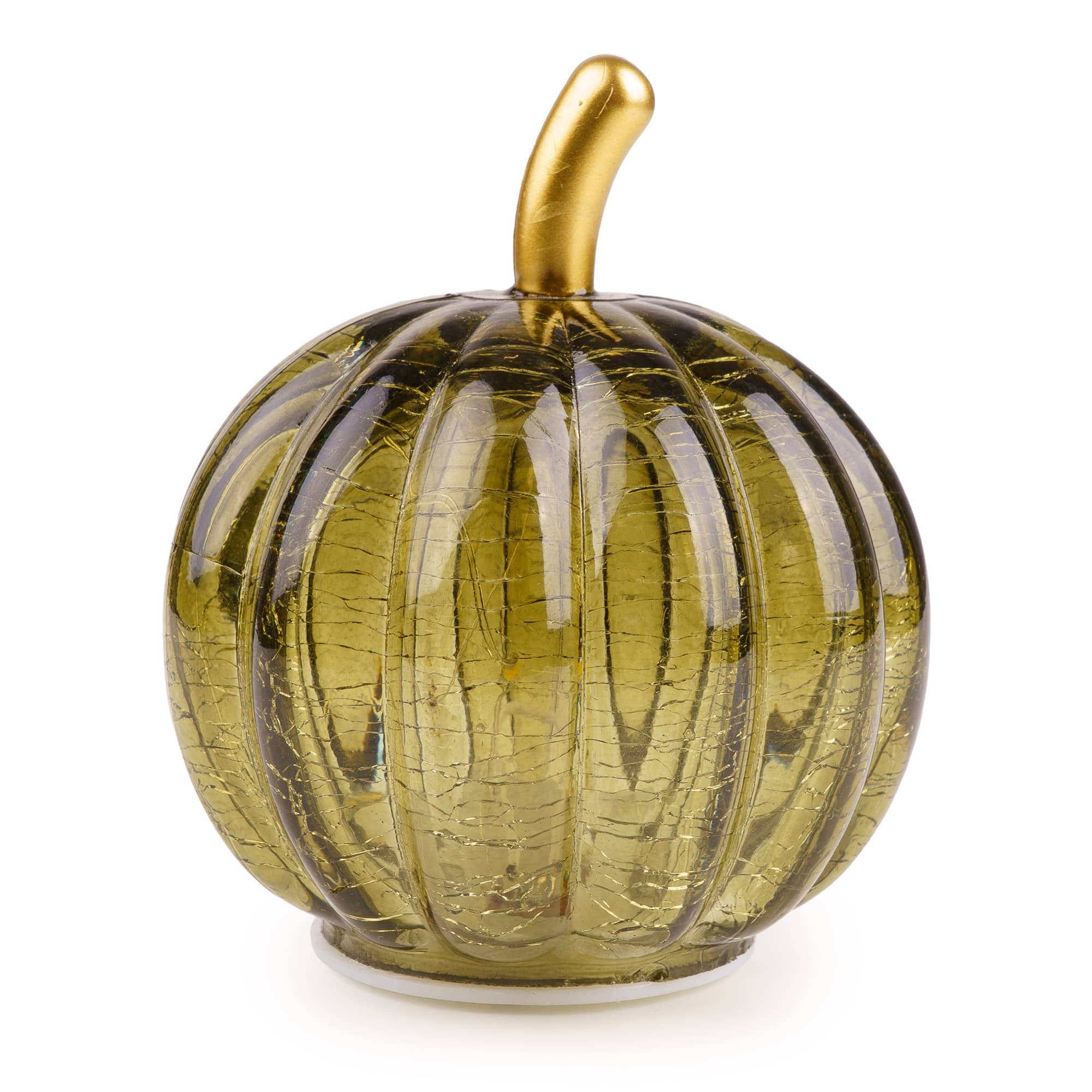 Small ribbed green glass pumpkin lamp with an integrated LED light and gold-toned stem for autumn and Halloween home décor.