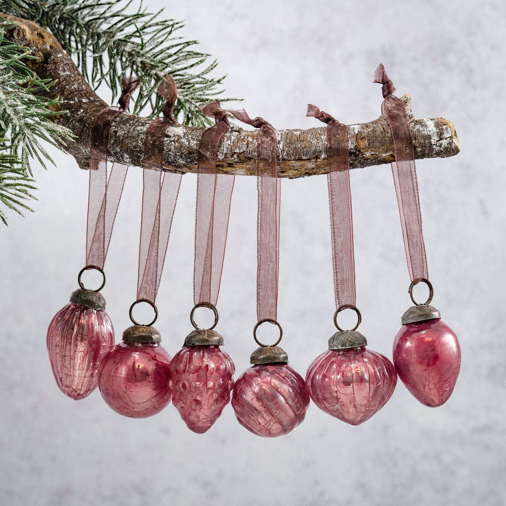 Small 3cm mauve crackle hand-blown glass Christmas baubles with ornate caps and coordinating organza ties.