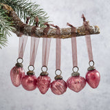 Small 3cm mauve crackle hand-blown glass Christmas baubles with ornate caps and coordinating organza ties.