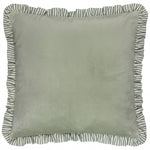 Matte velvet cushion with striped linen-blend ruffle trim. Soft pastel tones with feather or polyester filling. Elegant, textured home décor accent.