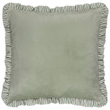 Matte velvet cushion with striped linen-blend ruffle trim. Soft pastel tones with feather or polyester filling. Elegant, textured home décor accent.