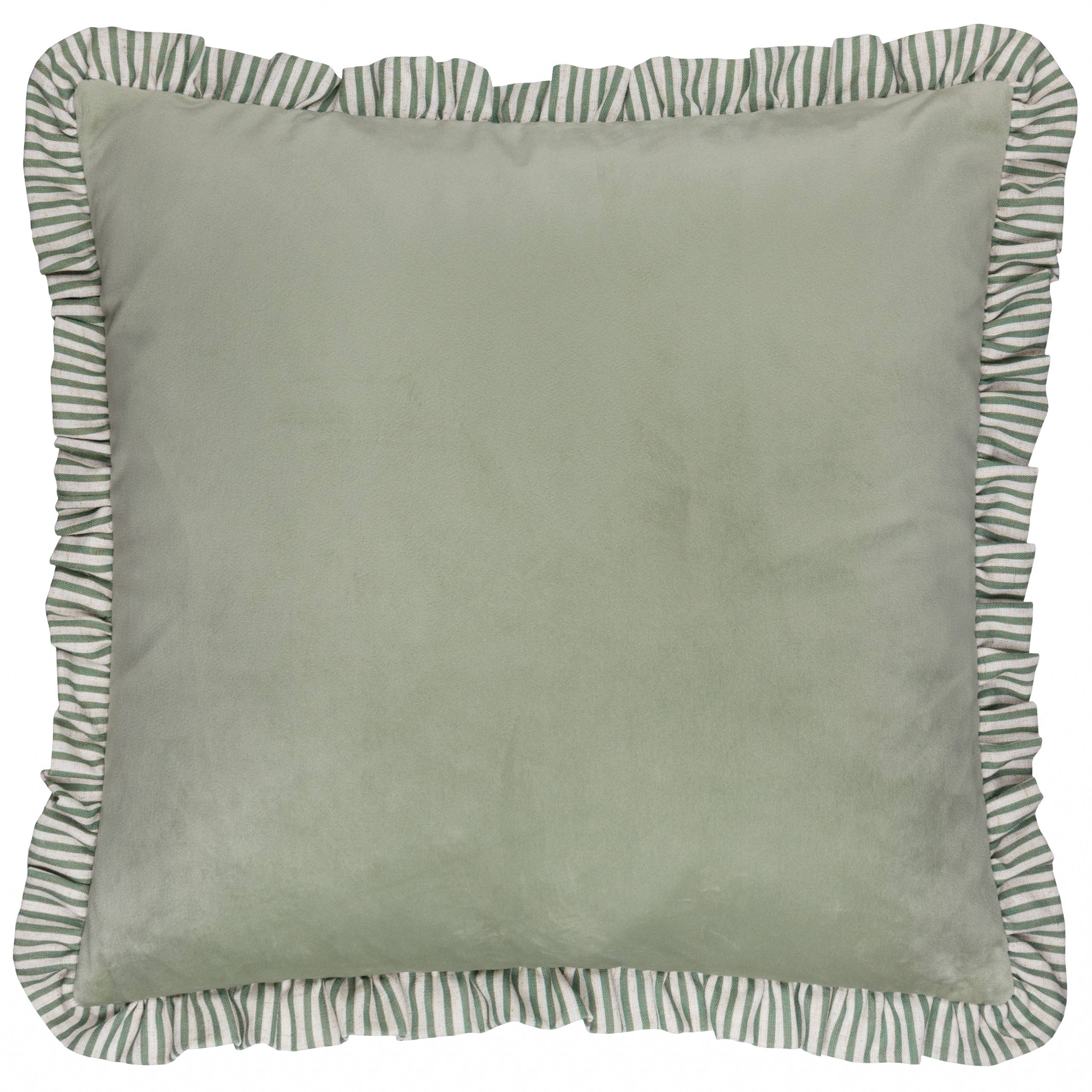 Matte velvet cushion with striped linen-blend ruffle trim. Soft pastel tones with feather or polyester filling. Elegant, textured home décor accent.