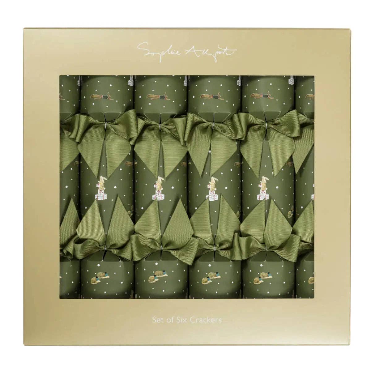 Sophie Allport Festive Forest Christmas crackers featuring hares, hedgehogs and squirrels on an olive green snowy woodland design.